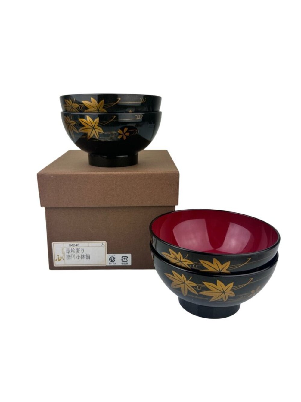 Japanese Black Lacquerware Miso Bowls Set of 4 Gold Maple Leaf Red Interior